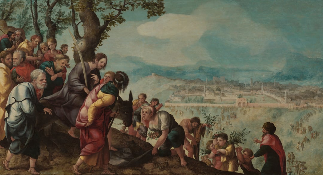 Bijbelse voorstelling van de 'Intocht van Christus in Jeruzalem', waarbij Jezus gezeten op een ezel door een menigte wordt ontvangen, die takken op de weg leggen, met de stad Jeruzalem op de achtergrond.