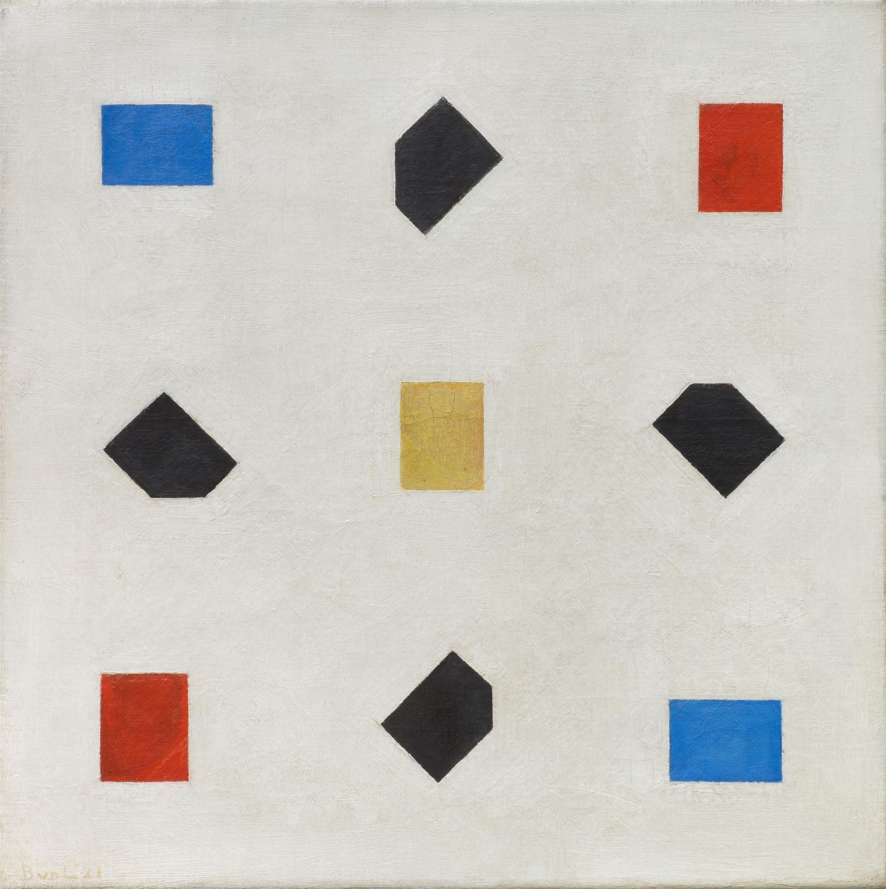 Abstract schilderij 'Compositie' van Bart van der Leck uit 1921 met geometrische vormen in primaire kleuren: twee staande rode rechthoeken, twee liggende blauwe rechthoeken, één staande gele rechthoek en vier zwarte ruiten, tegen een witte achtergrond.