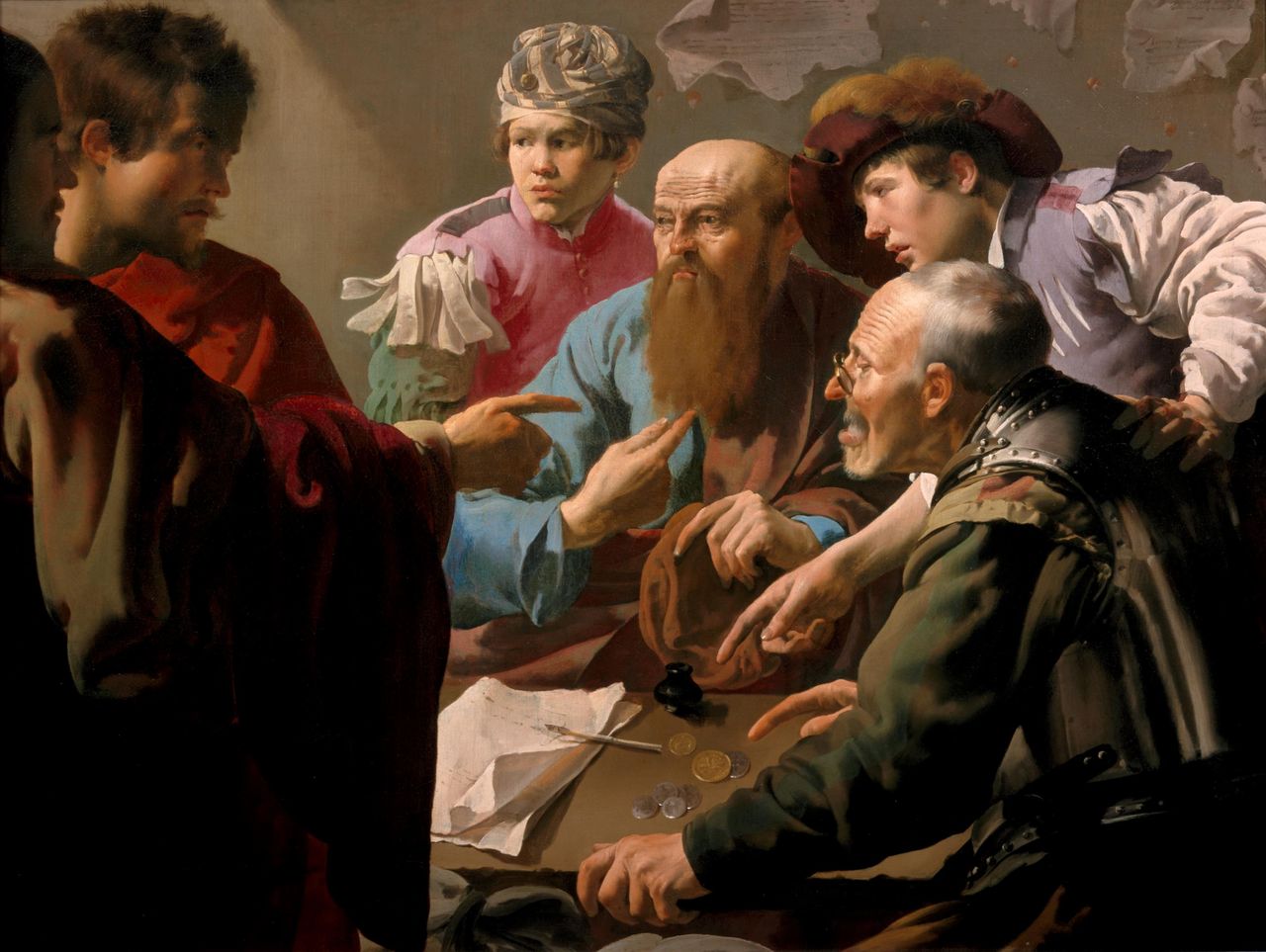 Een olieverfschilderij van Hendrick ter Brugghen, 'De roeping van Mattheus', met levendige voorstelling van vijf mannen in zeventiende-eeuwse kledij rond een tafel met munten en papieren, onderling wijzend en in discussie.