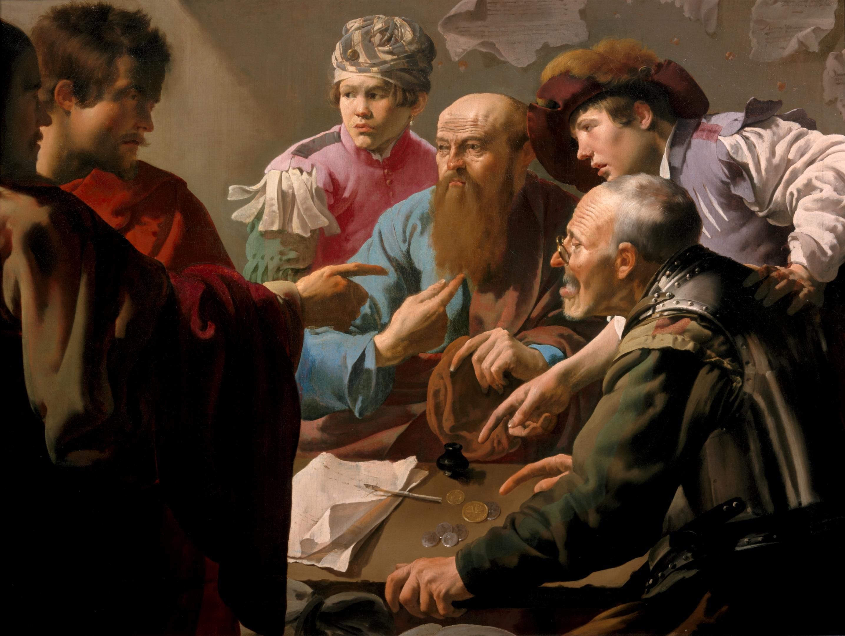 Een olieverfschilderij van Hendrick ter Brugghen, 'De roeping van Mattheus', met levendige voorstelling van vijf mannen in zeventiende-eeuwse kledij rond een tafel met munten en papieren, onderling wijzend en in discussie.
