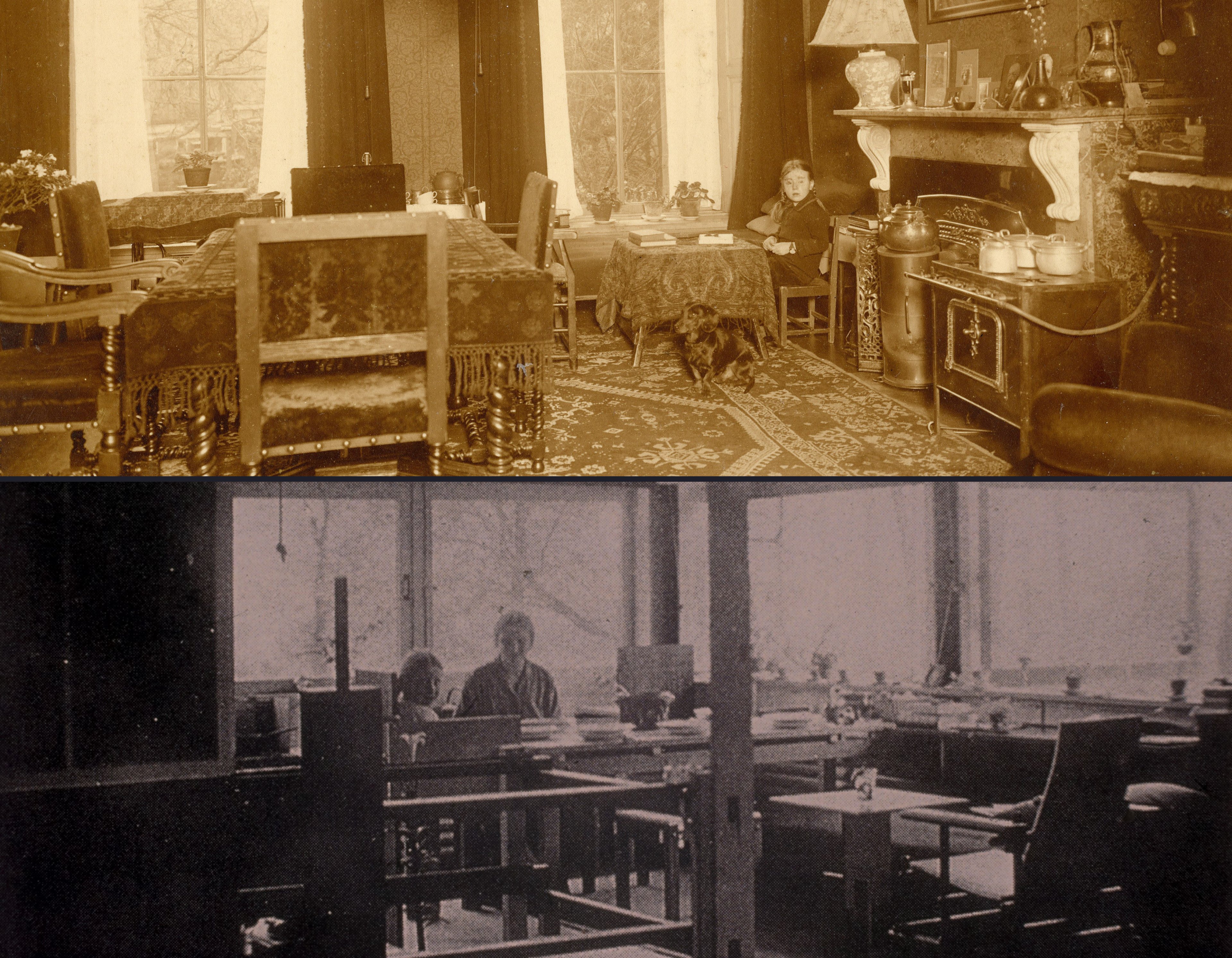 Twee historische interieurfoto's: boven een klassieke woonkamer met rijk gedecoreerde meubels, een hond en een jonge Hanneke Schröder aan een kindertafel bij het raam; onder een strakke en moderne kamer uit het Rietveld Schröderhuis met Hanneke en Truus Schröder.