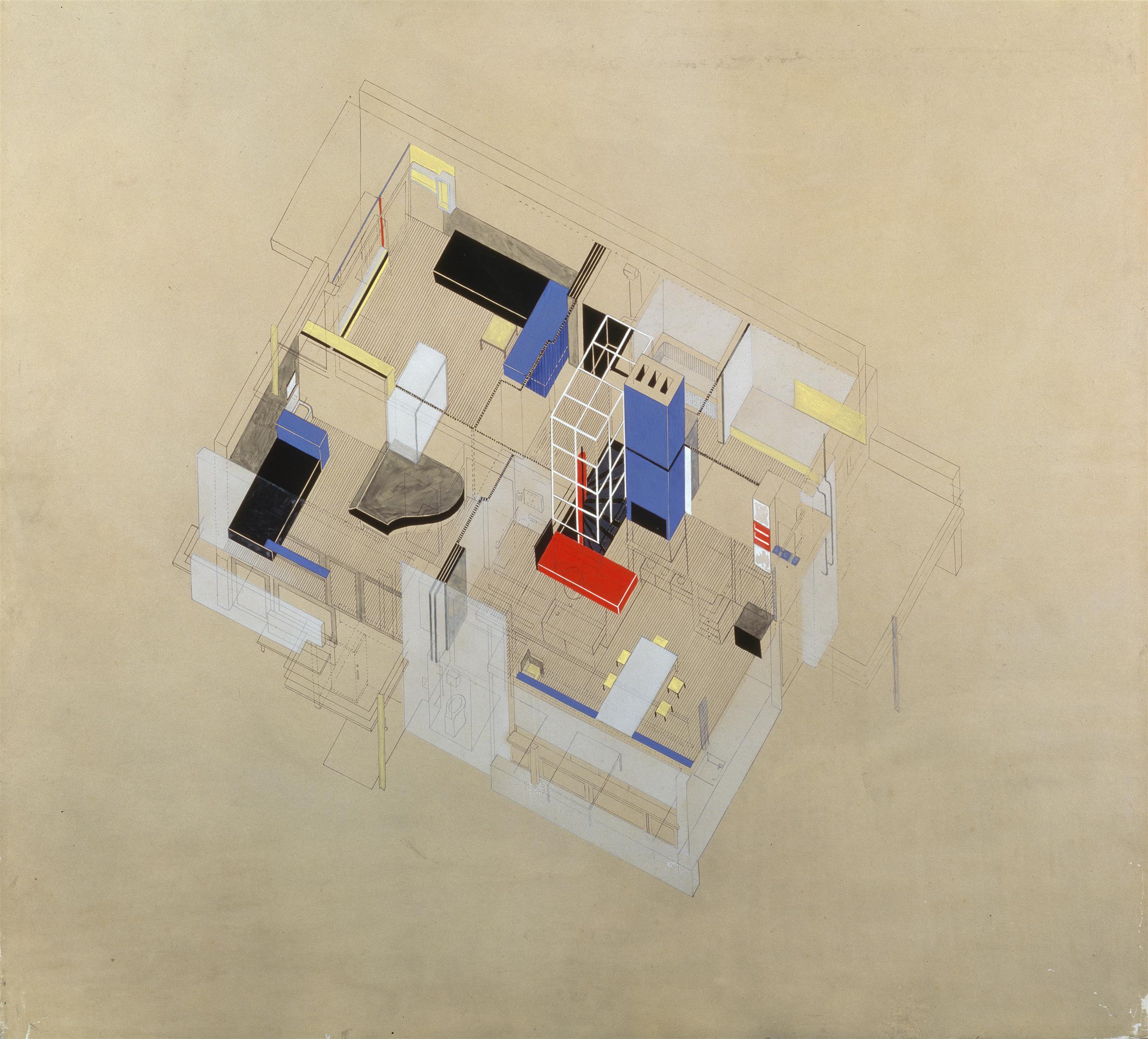 Axonometrische tekening van de bovenverdieping van het Rietveld Schröderhuis, met kleurrijke geometrische elementen en transparante lijnen op een lichte achtergrond.