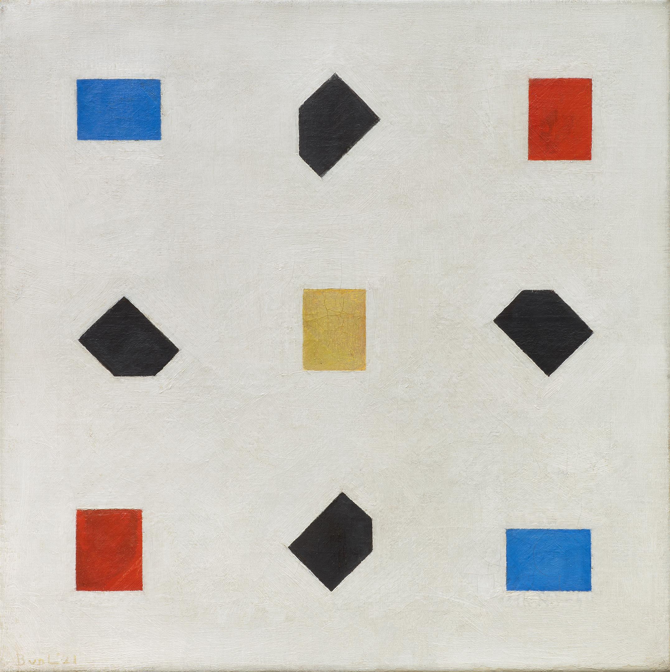 Abstract schilderij 'Compositie' van Bart van der Leck uit 1921 met geometrische vormen in primaire kleuren: twee staande rode rechthoeken, twee liggende blauwe rechthoeken, één staande gele rechthoek en vier zwarte ruiten, tegen een witte achtergrond.