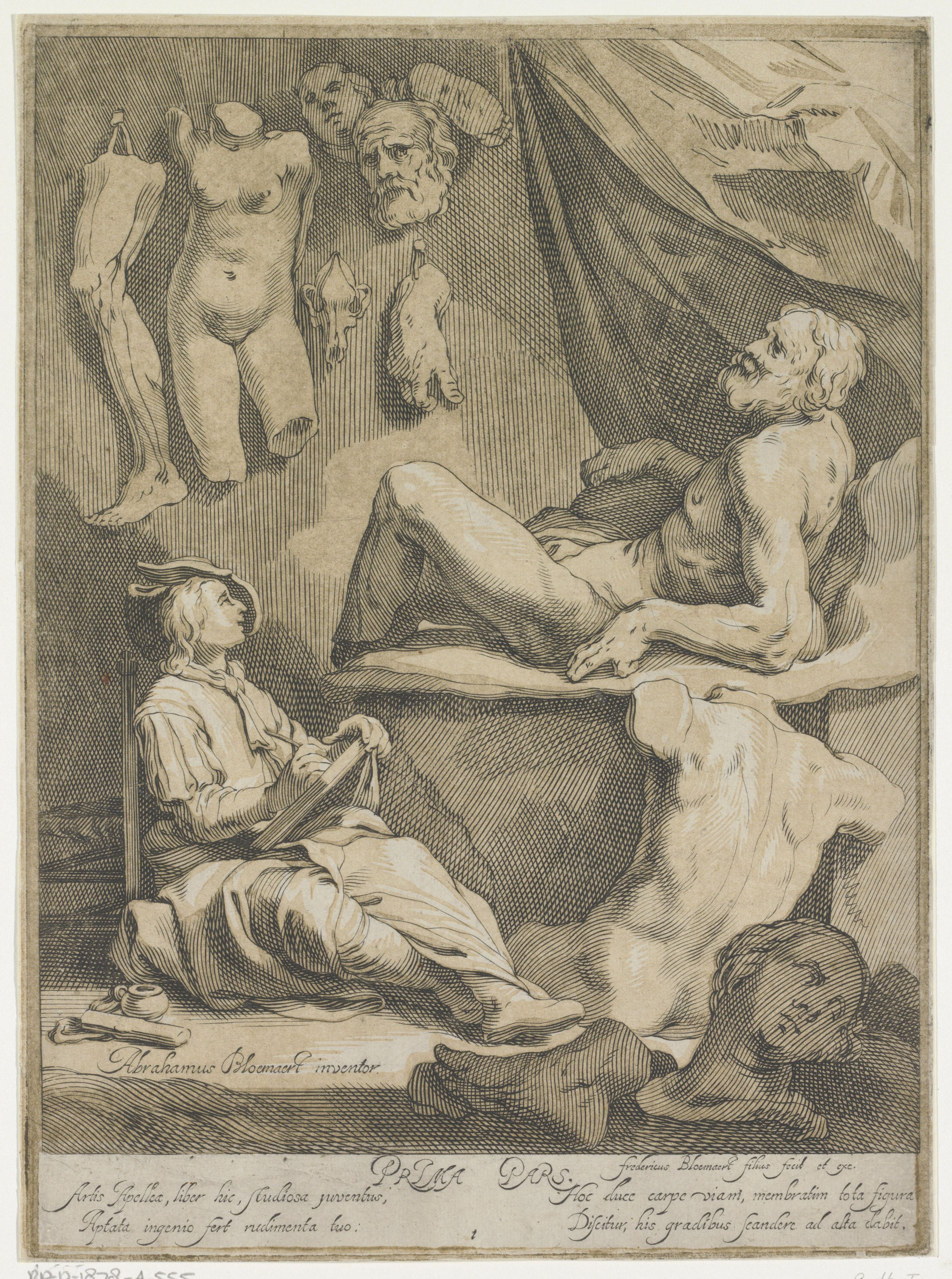 Een jonge man tekent een mannelijk naaktmodel. Op de voor- en achtergrond staan gipsen studiemodellen.